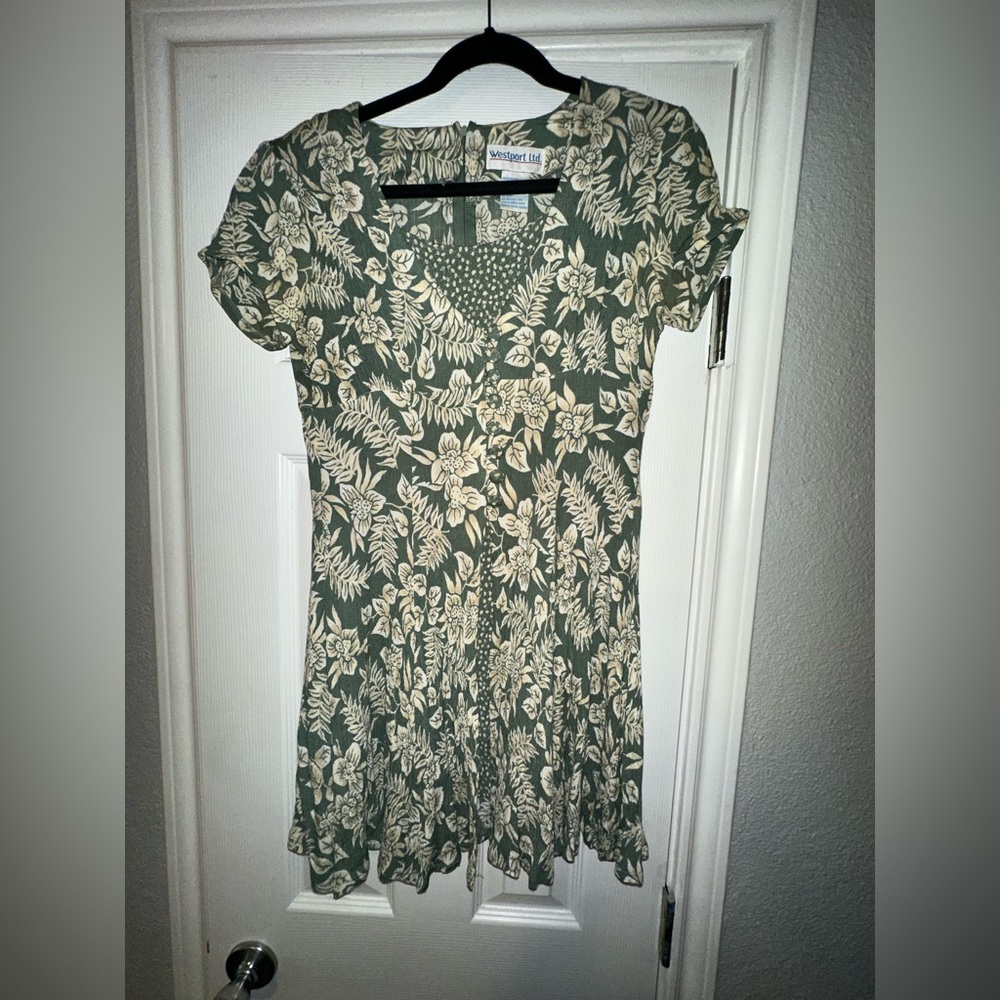 VINTAGE Westport LTD Olive and Cream Floral Mini Rayon Dress